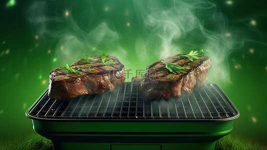 铁板烤架和冒烟的绿色背景在 3D 插图中展示了两块多汁的牛排