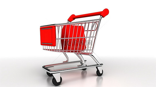 购物商店背景图片_带有红杆折扣标志和购物车的白色背景的 3D 渲染