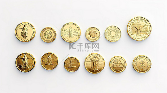 干净的白色背景上各种形状各异的 3D 渲染金币