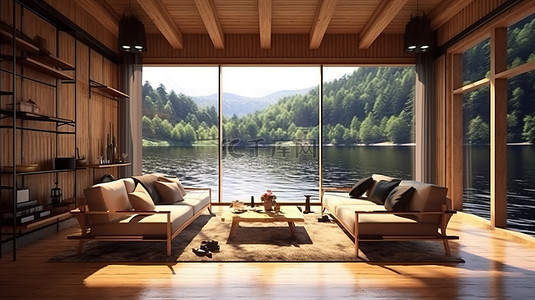 现代河流背景图片_俯瞰河流的当代木屋休息室 3D 渲染