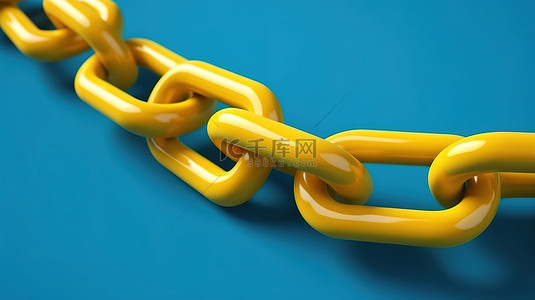 蓝色背景上特写的黄色链条的 3D 渲染插图