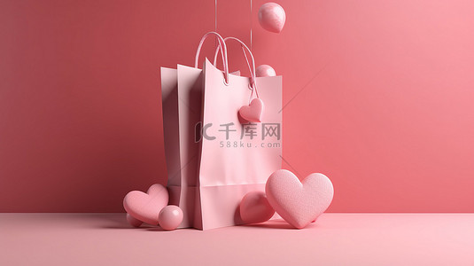 购物线上背景图片_情人节灵感在线购物袋 3D 渲染插图