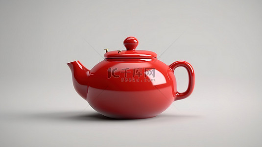 迷人的红色陶瓷茶壶的 3D 插图，非常适合下午茶时间