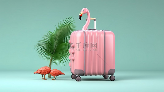 夏季热带旅游背景图片_粉红色火烈鸟充气滚动手提箱和热带棕榈叶的 3D 渲染
