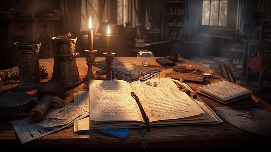 信纸背景图片_以 3D 呈现的中世纪环境中学习桌上的复古文学和历史手稿