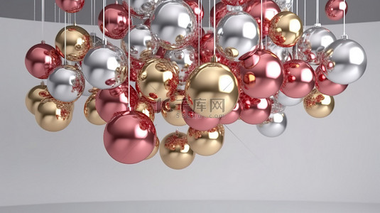 圣诞节球水晶球背景图片_逼真的 3d 渲染孤立挂圣诞球红金和银
