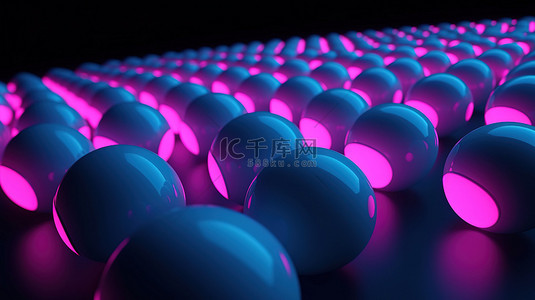 技术几何背景，以蓝色粉红色霓虹灯中的一排白色球和箍为特色