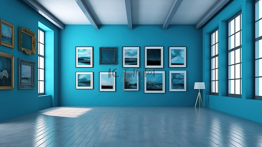 用于室内装饰的令人惊叹的蓝色画廊墙的 3D 渲染