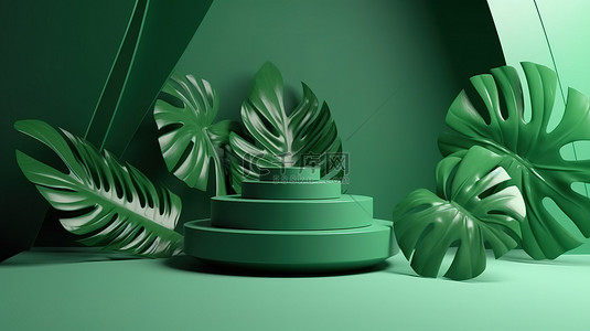 monstera 在郁郁葱葱的绿色背景上装饰 3d 讲台，完美展示化妆品等