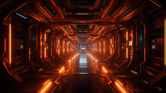 电商霓虹背景背景图片_3D 渲染中赛博朋克启发的橙色霓虹飞船走廊