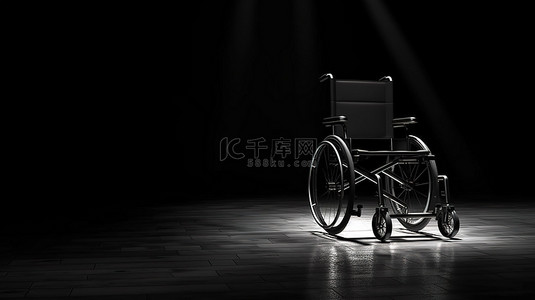 戏剧主题孤独轮椅在聚光灯下，在 3D 渲染的黑色背景下