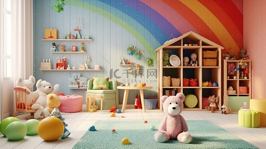 色彩缤纷的儿童游戏室，配有毛绒玩具动物和彩虹装饰 3D 渲染图像