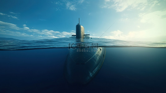 巨轮航海背景图片_军事行动攻击训练 3d 渲染潜艇在海面上