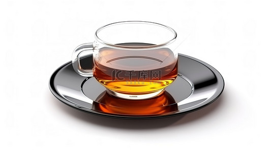白色背景玻璃杯和盘子盛着红茶 3D 渲染