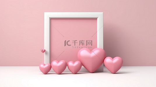 左框架上带有粉红心和心组的贺卡的 3D 渲染