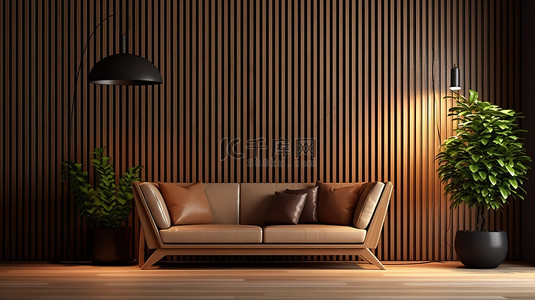时尚的起居空间配有木板条壁挂沙发椅和落地灯 3D 渲染