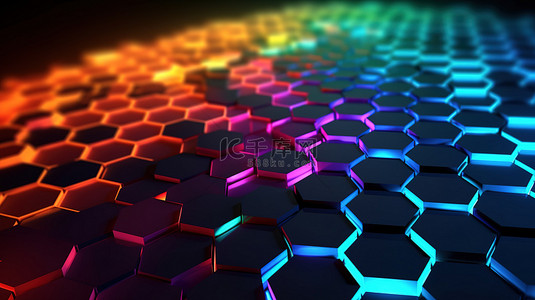 发光的彩色六边形表面，带有模糊的彩色六边形背景 3D 插图