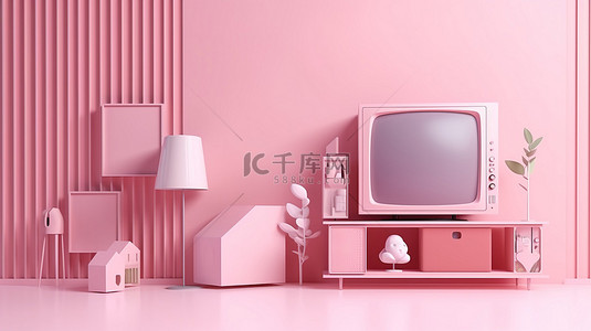 简约卡通风格的电视在 3d 渲染的粉红色柔和背景上播放享受无线媒体连接互联网流媒体和在线频道，拥有充足的复制空间