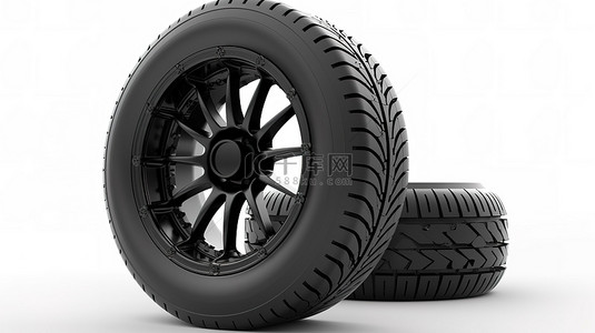 在 3D 渲染中隔离在白色黑色车轮和轮胎上