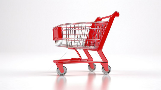 红色的手推车背景图片_白色背景上的粗体红色购物文本和 3D 购物车