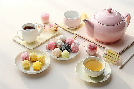 一张桌子，上面有茶水果甜点和筷子