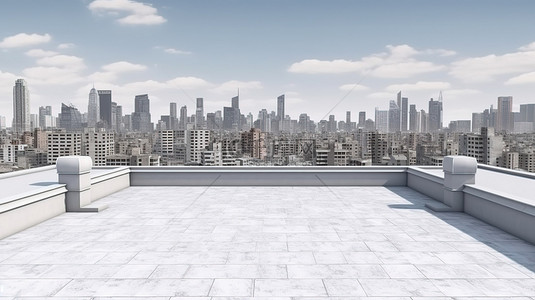 全景城市建筑城市景观的 3D 渲染，具有白皮书摩天大楼和屋顶景观