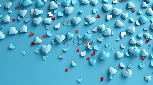 蓝色可爱卡片背景图片_蓝色背景周围漂浮的心的 3d 渲染