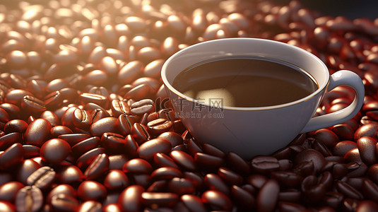 芳香的咖啡和逼真的 3D 渲染背景，特写有大量咖啡豆