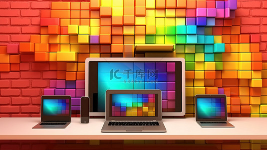 架手架背景图片_带笔记本电脑手机和平板电脑 3D 渲染的彩色彩虹架