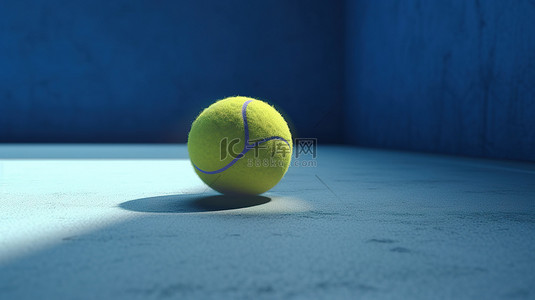 蓝色背景水泥地板上 3d 描绘的网球