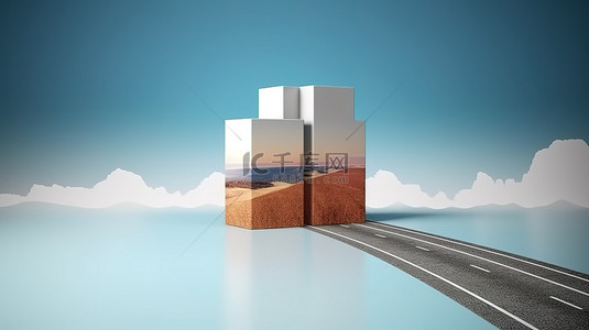 沥青地面公路背景图片_广告立方体描绘了具有隔离层的 3D 高速公路上的旅行和度假