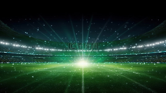 绿色体育场背景图片_发光的夜灯和 3D 渲染的足球场，拥有郁郁葱葱的绿色场地和球门区