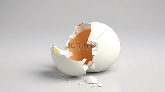 白色背景上有裂纹壳的白鸡蛋的 3D 渲染插图