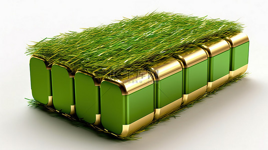 生态友好的电源白色背景，具有 3D 渲染中充满电的绿草电池