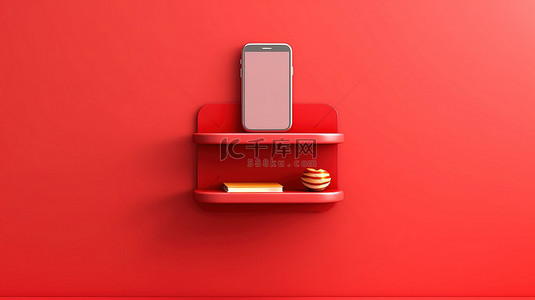 科技办公室背景图片_带手机横幅的水平红墙架的 3D 插图