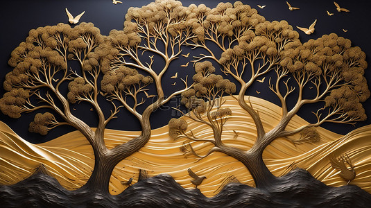 水彩树背景图片_金树山3D波浪和鸟类在深蓝色背景上创建艺术壁画壁纸