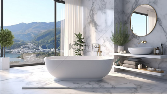 现代浴室的 3D 渲染，配有大理石桌面和浴缸内部