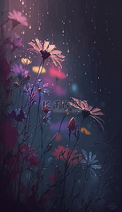 中花边框背景图片_紫色小花雨中的可爱小花卡通背景