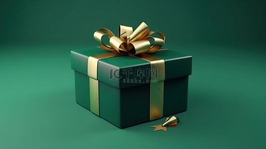打开礼盒背景图片_带金色丝带的绿色礼盒，绿色背景上逼真的 3D 渲染