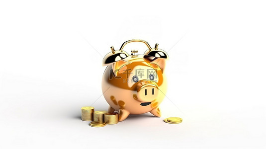 白色背景上拿着存钱罐和金币的可爱闹钟吉祥物的 3D 渲染