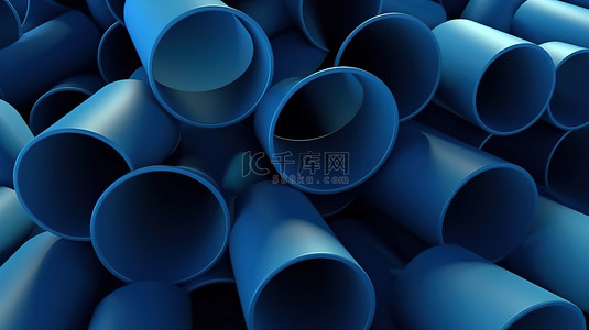 在最小背景下抽象蓝色圆柱体和管道的现代 3D 渲染
