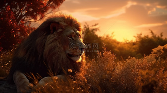 山景晚霞背景图片_雄伟狮子的日落 3D 渲染