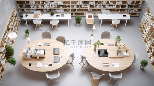 浅色家具背景图片_现代工作空间，配有木桌白色椅子时尚的电脑和鸟瞰的浅色架子