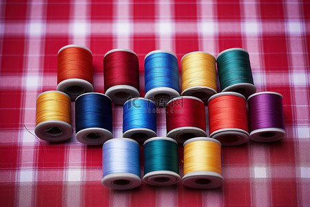 格子织物上有多种颜色的线轴