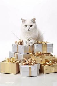 一只白猫，带着一堆礼品盒和蝴蝶结