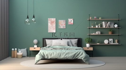 3D 渲染青少年的当代房间，配有宽敞的床和绿墙上的模型海报