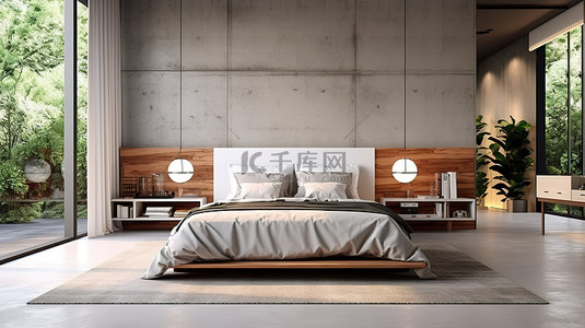 时尚现代的卧室设计，配有落地窗 3D 渲染插图
