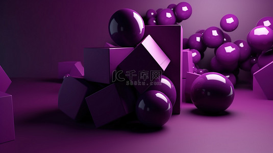 漂浮在 3d 空间中的紫色几何形状的时尚单色图像