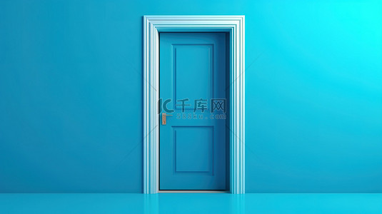 彩色背景房间中打开的蓝色门的 3D 渲染