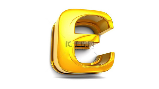 小写“e”字母显示在纯白色背景 3D 渲染字体上，具有光泽金属饰面
